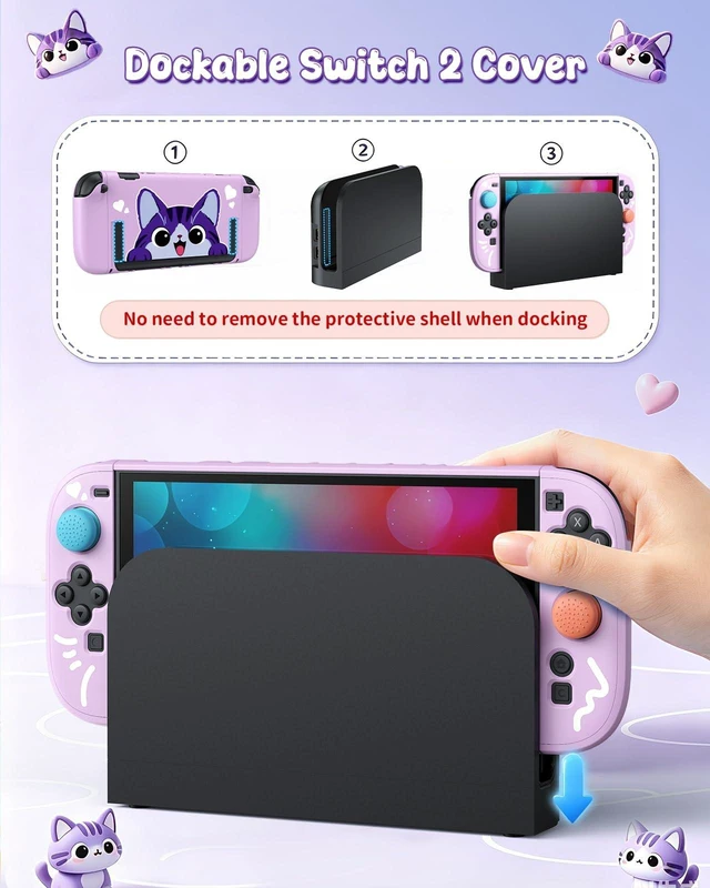 Alt view image 3 of 7 - Switch 2 Cute Case, Dockable Kawaii Cat Protective Cover Shell | Full Protection Accessories for Nintendo Switch 2 with Tempered Glass and Thumb Grips, PC Hard Case Anti-scratch Shockproof