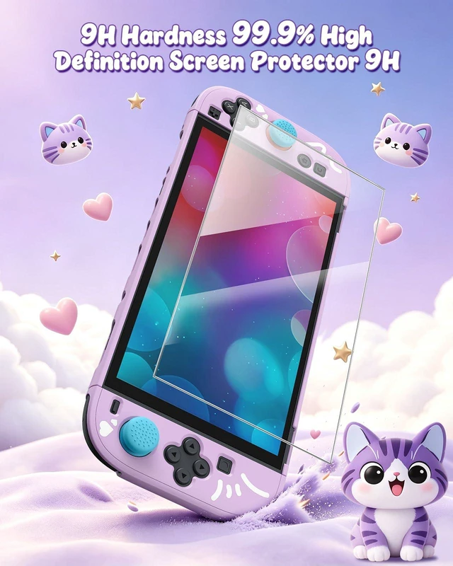 Alt view image 4 of 7 - Switch 2 Cute Case, Dockable Kawaii Cat Protective Cover Shell | Full Protection Accessories for Nintendo Switch 2 with Tempered Glass and Thumb Grips, PC Hard Case Anti-scratch Shockproof