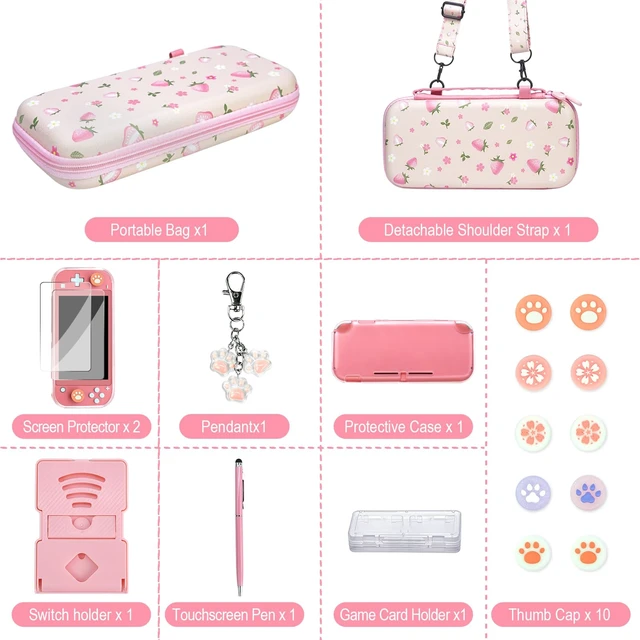 Alt view image 2 of 7 - Switch Lite Case Carrying Case- 19 in 1 for Nintendo Switch Accessories | Bundle with Switch Thumb Grips, Clear Protective, Screen Protector Cover, Cute Pendant, Stand, Stylus, for Girls, Pink