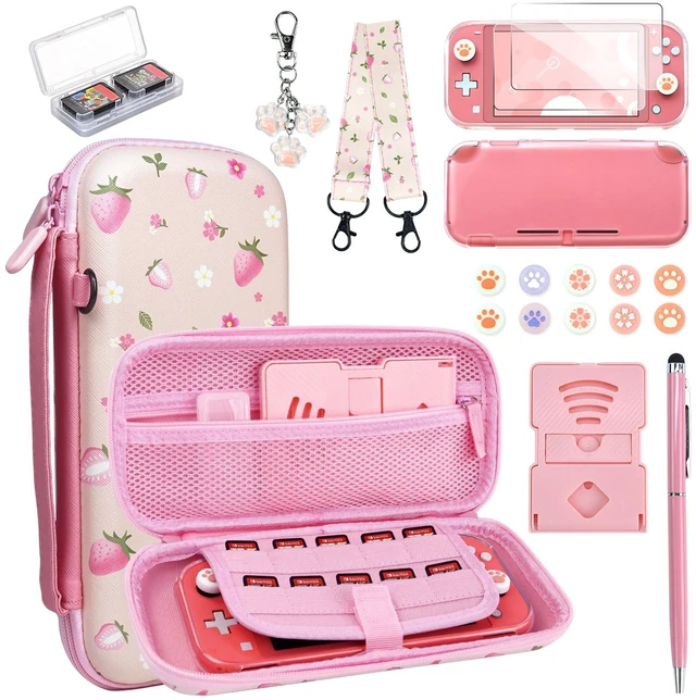 Main image of Switch Lite Case Carrying Case- 19 in 1 for Nintendo Switch Accessories | Bundle with Switch Thumb Grips, Clear Protective, Screen Protector Cover, Cute Pendant, Stand, Stylus, for Girls, Pink