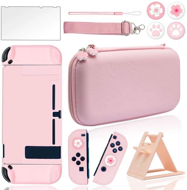 Main image of Cute Travel Carrying Case for Nintendo Switch Accessories Kit with Hard Protective Cover, Glass Screen Protector, Adjustable Stand and Thumb Grip Caps 10 in 1(Switch Pink)