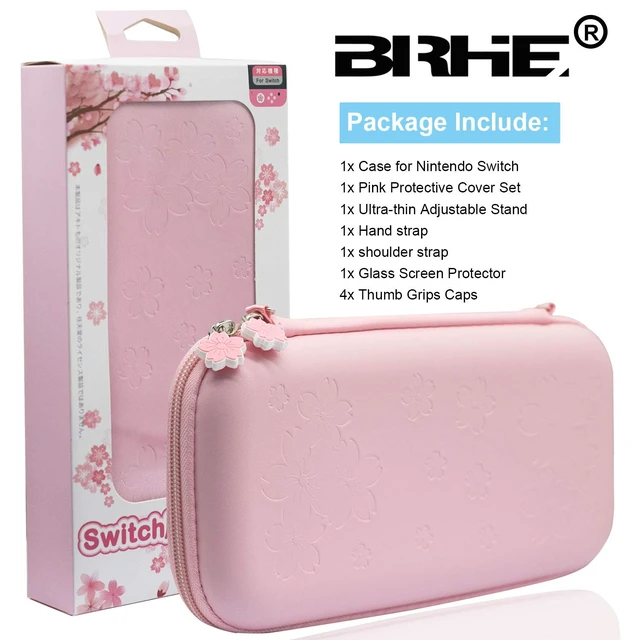 Alt view image 7 of 7 - Cute Travel Carrying Case for Nintendo Switch Accessories Kit with Hard Protective Cover, Glass Screen Protector, Adjustable Stand and Thumb Grip Caps 10 in 1(Switch Pink)
