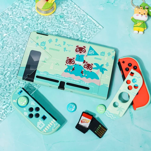 Alt view image 2 of 7 - Protective Case Design for Switch Model, Newest Pattern Animal Crossing Design Cover Case with 2 Pcs Glass Screen Protectors and 4 Pcs Cute Thumb Grip Caps Green Accessories Set