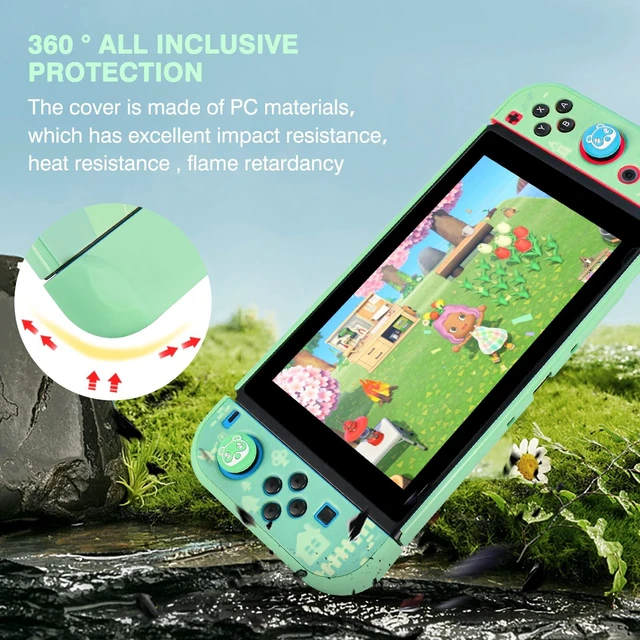 Alt view image 3 of 7 - Protective Case Design for Switch Model, Newest Pattern Animal Crossing Design Cover Case with 2 Pcs Glass Screen Protectors and 4 Pcs Cute Thumb Grip Caps Green Accessories Set