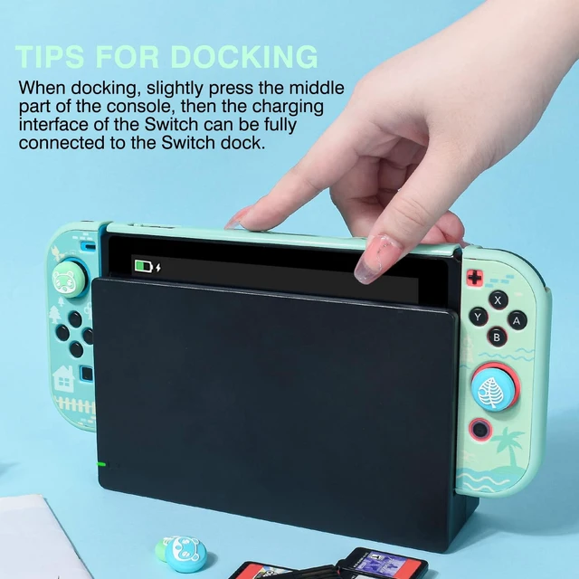 Alt view image 4 of 7 - Protective Case Design for Switch Model, Newest Pattern Animal Crossing Design Cover Case with 2 Pcs Glass Screen Protectors and 4 Pcs Cute Thumb Grip Caps Green Accessories Set