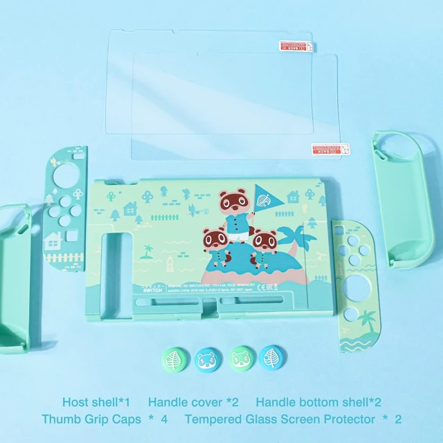 Alt view image 7 of 7 - Protective Case Design for Switch Model, Newest Pattern Animal Crossing Design Cover Case with 2 Pcs Glass Screen Protectors and 4 Pcs Cute Thumb Grip Caps Green Accessories Set