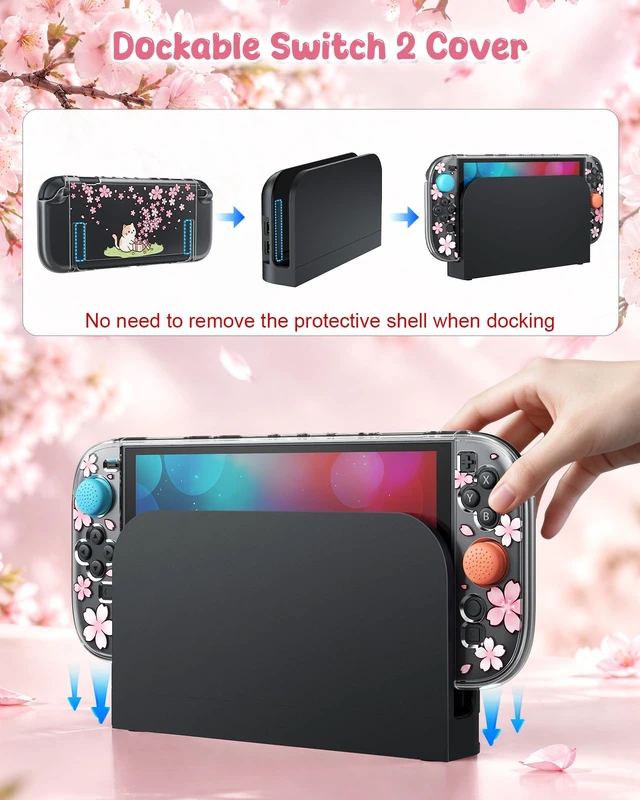 Alt view image 3 of 6 - Switch 2 Protective Case with Pink Cherry Blossom Cute Cat Pattern | Dockable PC Hard Cover Shell for Nintendo Switch 2, Accessories with Tempered Glass and Thumb Grip Caps, Kawaii Sakura