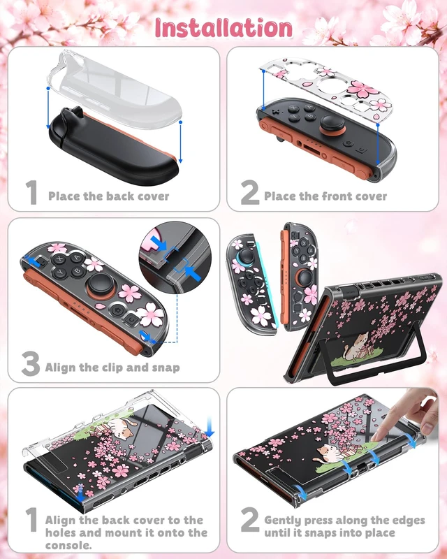 Alt view image 2 of 6 - Switch 2 Protective Case with Pink Cherry Blossom Cute Cat Pattern | Dockable PC Hard Cover Shell for Nintendo Switch 2, Accessories with Tempered Glass and Thumb Grip Caps, Kawaii Sakura