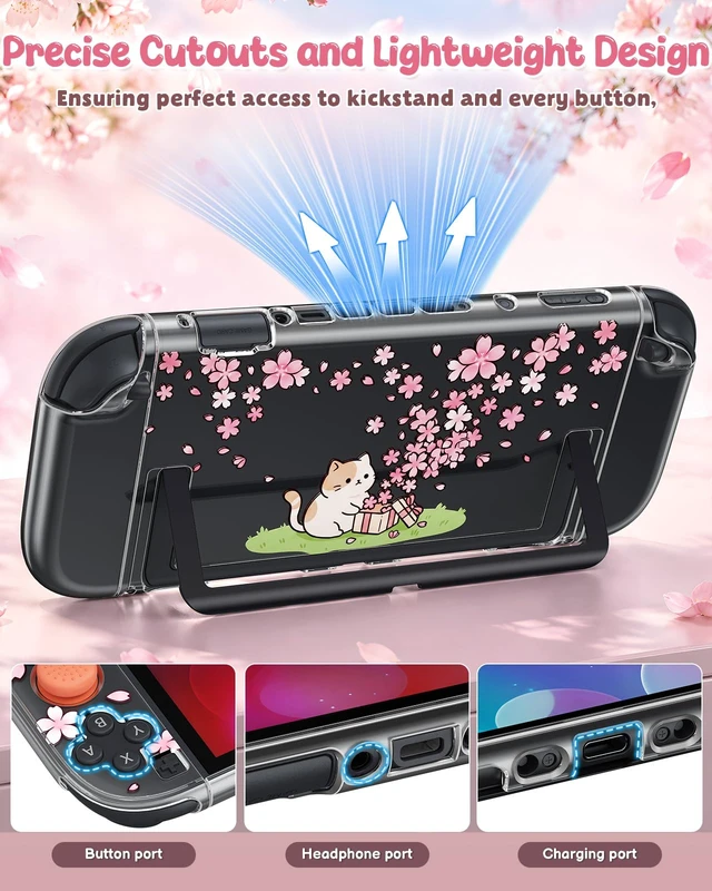 Alt view image 4 of 6 - Switch 2 Protective Case with Pink Cherry Blossom Cute Cat Pattern | Dockable PC Hard Cover Shell for Nintendo Switch 2, Accessories with Tempered Glass and Thumb Grip Caps, Kawaii Sakura