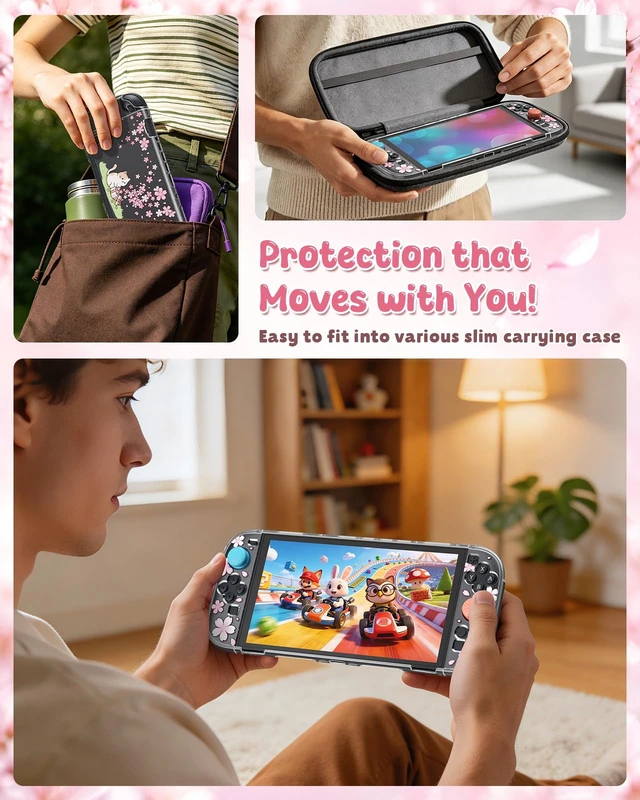 Alt view image 6 of 6 - Switch 2 Protective Case with Pink Cherry Blossom Cute Cat Pattern | Dockable PC Hard Cover Shell for Nintendo Switch 2, Accessories with Tempered Glass and Thumb Grip Caps, Kawaii Sakura