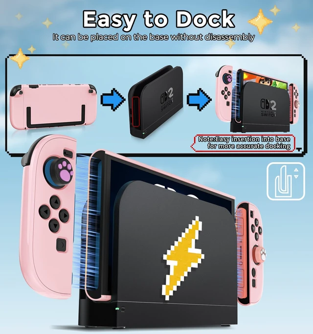 Alt view image 2 of 7 - Dockable Protective Hard Cover for Nintendo Switch 2 with 6 Thumb Grip Caps | Full-Body Slim Hard Shell Cover Switch 2 Accessories, Scratch&Shock Protection Case with Screen Protector, Pink