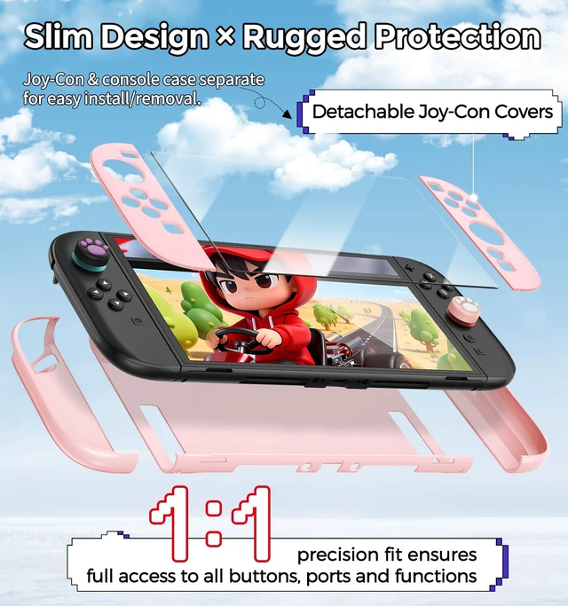Alt view image 3 of 7 - Dockable Protective Hard Cover for Nintendo Switch 2 with 6 Thumb Grip Caps | Full-Body Slim Hard Shell Cover Switch 2 Accessories, Scratch&Shock Protection Case with Screen Protector, Pink