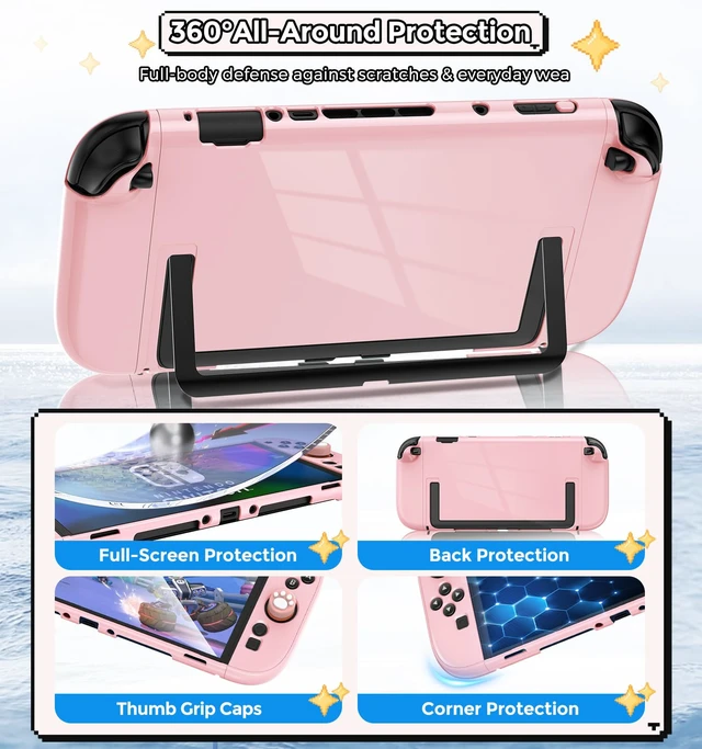 Alt view image 6 of 7 - Dockable Protective Hard Cover for Nintendo Switch 2 with 6 Thumb Grip Caps | Full-Body Slim Hard Shell Cover Switch 2 Accessories, Scratch&Shock Protection Case with Screen Protector, Pink