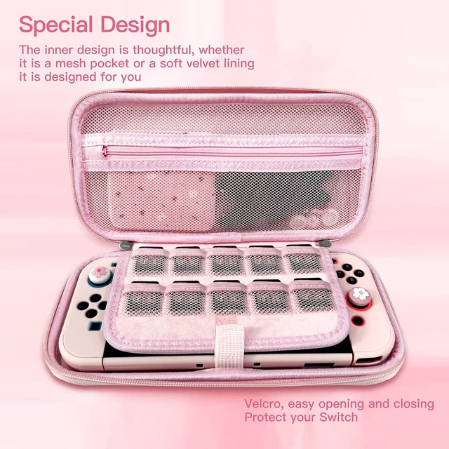 Alt view image 4 of 7 - Pink Travel Carrying Case Accessories Kit Compatible with Nintendo Switch OLED.Pink Switch OLED Hard Protective Cover,Adjustable Stand,Screen Protector & Cute Thumb Grips 10 in 1 Gift.