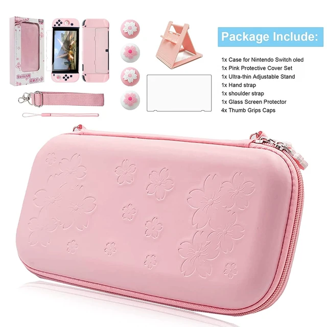 Alt view image 7 of 7 - Pink Travel Carrying Case Accessories Kit Compatible with Nintendo Switch OLED.Pink Switch OLED Hard Protective Cover,Adjustable Stand,Screen Protector & Cute Thumb Grips 10 in 1 Gift.