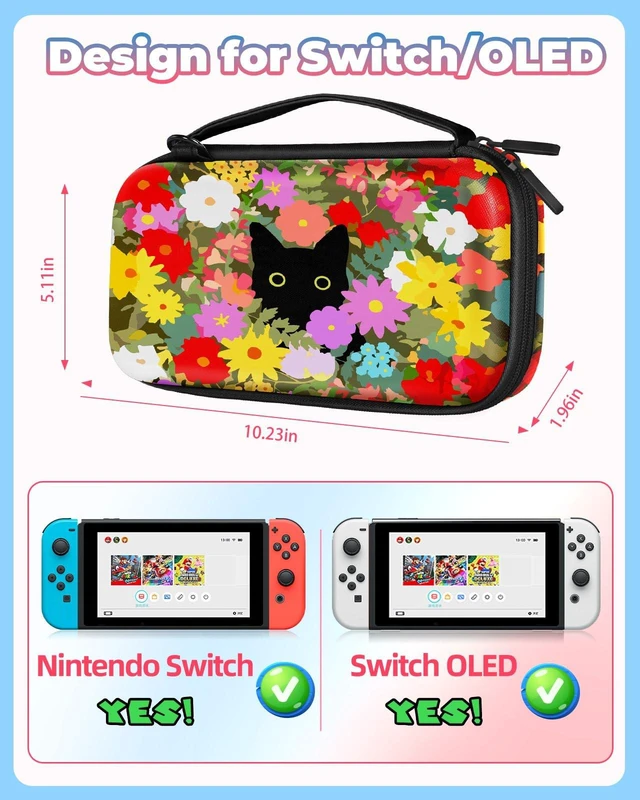 Alt view image 2 of 6 - Carrying Case for Nintendo Switch/Switch OLED Travel Carry Cases Hard Shell Protective Cover Flowers Cat Cute Girls Boys Accessories Storage Pouch Bag for Nintendo Switch 1 (2017) /Oled 2021