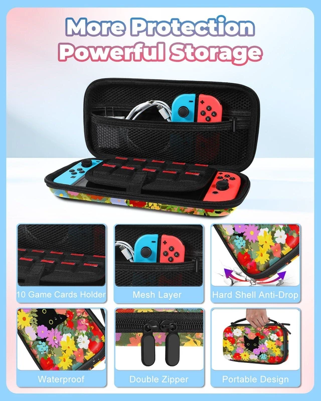 Alt view image 4 of 6 - Carrying Case for Nintendo Switch/Switch OLED Travel Carry Cases Hard Shell Protective Cover Flowers Cat Cute Girls Boys Accessories Storage Pouch Bag for Nintendo Switch 1 (2017) /Oled 2021