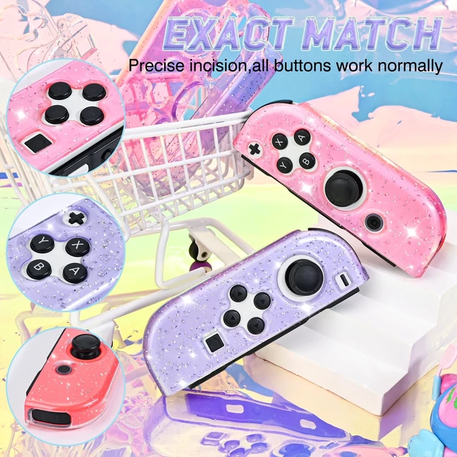 Alt view image 2 of 7 - Glitter Protective Case for Switch Joy Con Controllers, Handheld Soft Silicone TPU Protective Cover Replacement Shell Case Suitable for Switch & Switch OLED Model Joy Cons - Purple Pink