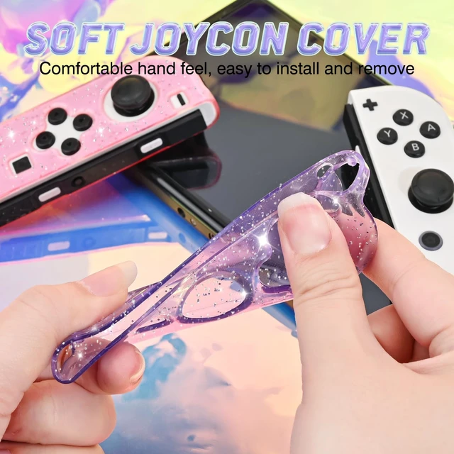 Alt view image 3 of 7 - Glitter Protective Case for Switch Joy Con Controllers, Handheld Soft Silicone TPU Protective Cover Replacement Shell Case Suitable for Switch & Switch OLED Model Joy Cons - Purple Pink