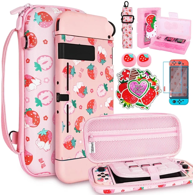 Main image of Carrying Case for Switch, Cute Portable Travel Bag Accessories with Soft Protective Cover, Screen Protectors and Thumb grip caps, Game Card Case 7in1, Pink
