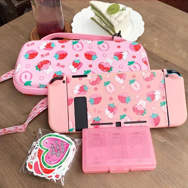Alt view image 6 of 6 - Carrying Case for Switch, Cute Portable Travel Bag Accessories with Soft Protective Cover, Screen Protectors and Thumb grip caps, Game Card Case 7in1, Pink