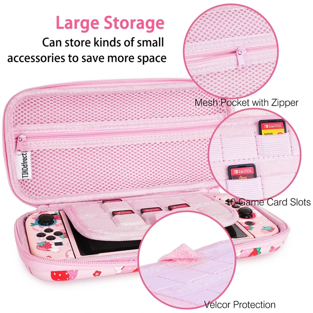 Alt view image 2 of 6 - Carrying Case for Switch, Cute Portable Travel Bag Accessories with Soft Protective Cover, Screen Protectors and Thumb grip caps, Game Card Case 7in1, Pink