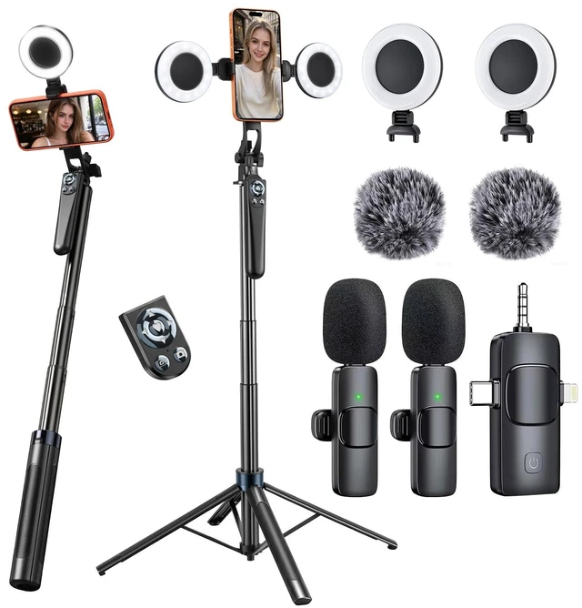 Main image of Content Creator Kit 71" Tripod for iPhone with Light, Wireless Mics, Remote | Auto-Open Selfie Stick Tripod, Extendable Cell Phone Stand, Ultimate Phone Holder, Kit for iPhone, TikTok, YouTube
