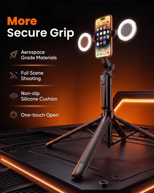 Alt view image 2 of 7 - Content Creator Kit 71" Tripod for iPhone with Light, Wireless Mics, Remote | Auto-Open Selfie Stick Tripod, Extendable Cell Phone Stand, Ultimate Phone Holder, Kit for iPhone, TikTok, YouTube