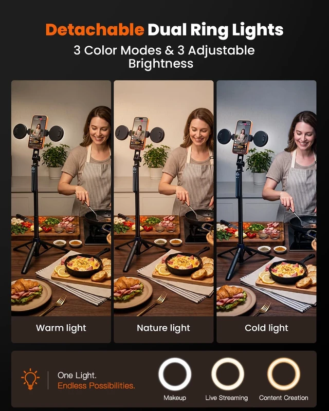 Alt view image 3 of 7 - Content Creator Kit 71" Tripod for iPhone with Light, Wireless Mics, Remote | Auto-Open Selfie Stick Tripod, Extendable Cell Phone Stand, Ultimate Phone Holder, Kit for iPhone, TikTok, YouTube