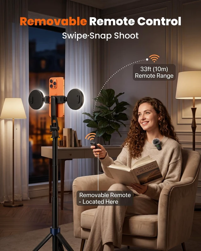 Alt view image 5 of 7 - Content Creator Kit 71" Tripod for iPhone with Light, Wireless Mics, Remote | Auto-Open Selfie Stick Tripod, Extendable Cell Phone Stand, Ultimate Phone Holder, Kit for iPhone, TikTok, YouTube
