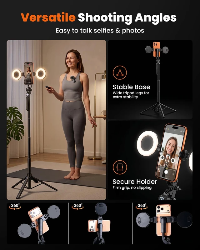Alt view image 6 of 7 - Content Creator Kit 71" Tripod for iPhone with Light, Wireless Mics, Remote | Auto-Open Selfie Stick Tripod, Extendable Cell Phone Stand, Ultimate Phone Holder, Kit for iPhone, TikTok, YouTube