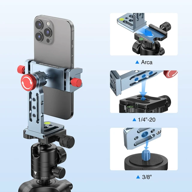 Alt view image 2 of 7 - Phone Tripod Mount Aluminum Alloy, 360° Rotatable Phone Stand Holder Clamp with Cold Shoe and Arca Base Compatible with iPhone 15 Pro Max Galaxy S24 Ultra Pixel & 2.5"-4" Wide Smartphones