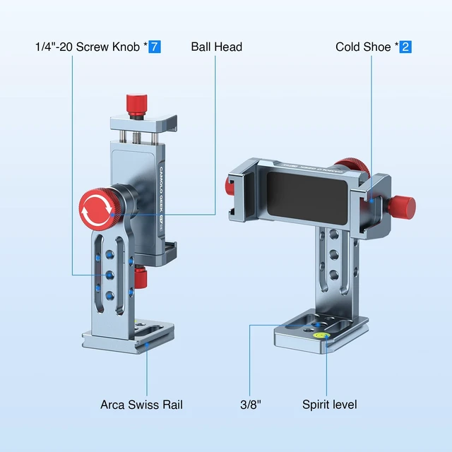 Alt view image 5 of 7 - Phone Tripod Mount Aluminum Alloy, 360° Rotatable Phone Stand Holder Clamp with Cold Shoe and Arca Base Compatible with iPhone 15 Pro Max Galaxy S24 Ultra Pixel & 2.5"-4" Wide Smartphones