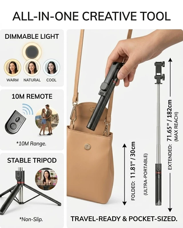Alt view image 4 of 5 - 71" Phone Tripod Selfie Stick with Light, Cell Phone Tripod Stand with Wireless Remote Compatible with iPhone and Android Phone