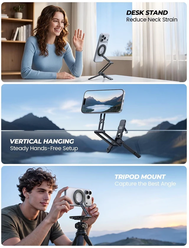 Alt view image 3 of 7 - for MagSafe Tripod Stand Ultra-Compact with 1/4" Screw, Arca, Hook | Aluminum Magnetic Tripod for iPhone, 20x Magnet Phone Stand Accessories for Women Men Gift for iPhone 18 17 Duo ProMax Black