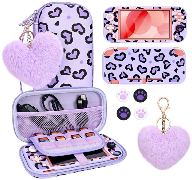 Main image of Love Leopard Carrying Case for Switch Lite 2019 Accessories Set, Portable Carrying Case with 1 Hard PC Shell & 8 Slots & 1PCS Plush Heart Pendant & 4PCS Cat Paw Thumb Grips Caps- Purple