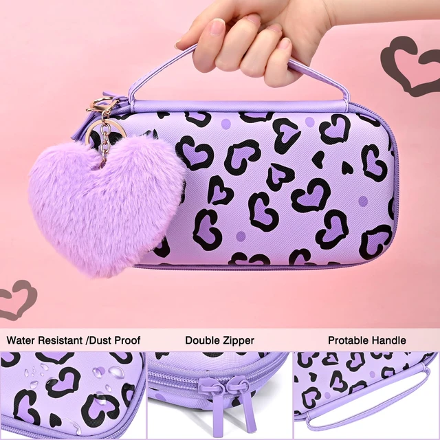 Alt view image 2 of 7 - Love Leopard Carrying Case for Switch Lite 2019 Accessories Set, Portable Carrying Case with 1 Hard PC Shell & 8 Slots & 1PCS Plush Heart Pendant & 4PCS Cat Paw Thumb Grips Caps- Purple