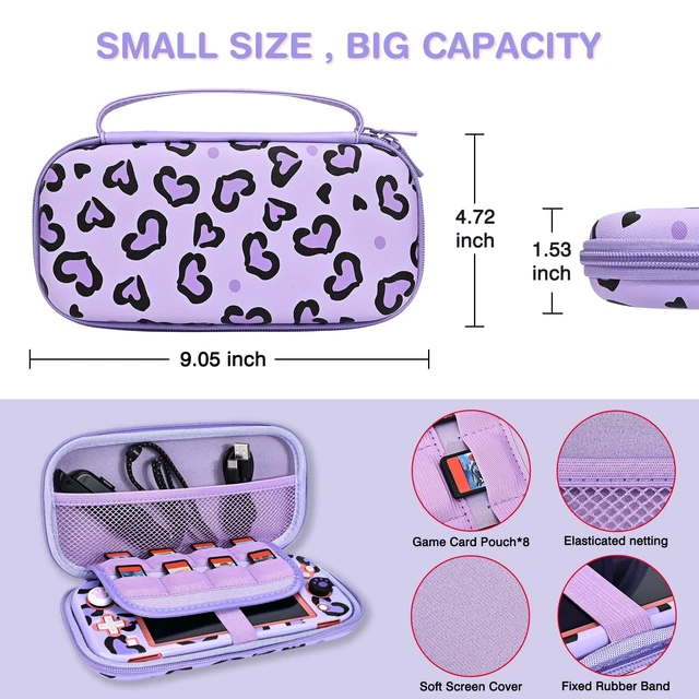 Alt view image 3 of 7 - Love Leopard Carrying Case for Switch Lite 2019 Accessories Set, Portable Carrying Case with 1 Hard PC Shell & 8 Slots & 1PCS Plush Heart Pendant & 4PCS Cat Paw Thumb Grips Caps- Purple