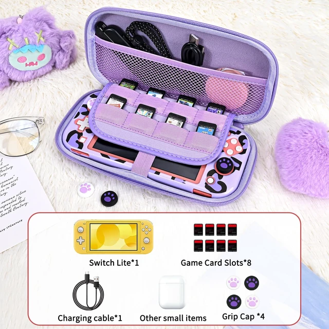 Alt view image 5 of 7 - Love Leopard Carrying Case for Switch Lite 2019 Accessories Set, Portable Carrying Case with 1 Hard PC Shell & 8 Slots & 1PCS Plush Heart Pendant & 4PCS Cat Paw Thumb Grips Caps- Purple