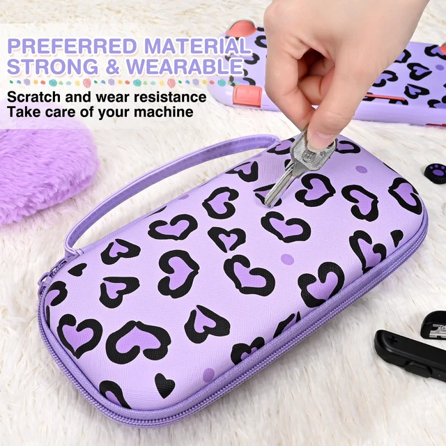 Alt view image 6 of 7 - Love Leopard Carrying Case for Switch Lite 2019 Accessories Set, Portable Carrying Case with 1 Hard PC Shell & 8 Slots & 1PCS Plush Heart Pendant & 4PCS Cat Paw Thumb Grips Caps- Purple
