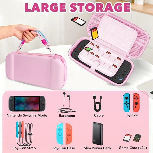Alt view image 3 of 7 - Carrying Case for Switch 2 (2025), Travel Bag Bundle with 24 Game Card Slots, Shoulder Strap, Wrist Strap, Protective Case and Screen Protectors Accessories, Pink