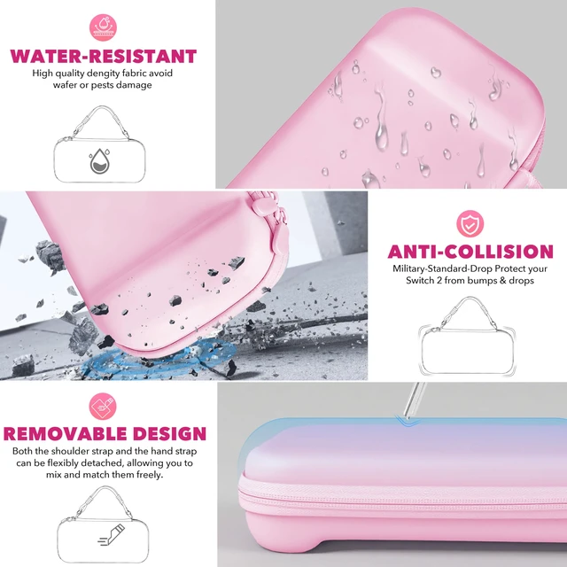 Alt view image 7 of 7 - Carrying Case for Switch 2 (2025), Travel Bag Bundle with 24 Game Card Slots, Shoulder Strap, Wrist Strap, Protective Case and Screen Protectors Accessories, Pink