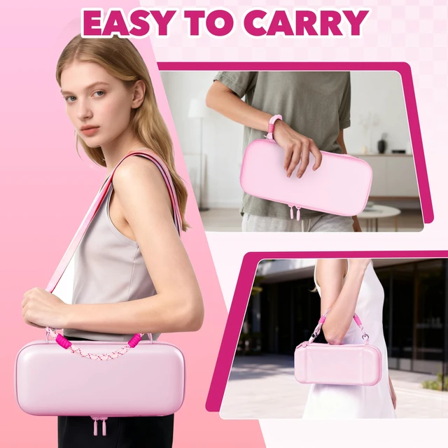 Alt view image 6 of 7 - Carrying Case for Switch 2 (2025), Travel Bag Bundle with 24 Game Card Slots, Shoulder Strap, Wrist Strap, Protective Case and Screen Protectors Accessories, Pink