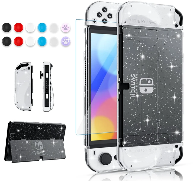 Main image of Improved - Sparkle Case Set for Nintendo Switch OLED 2021, Hard PC Cover for Switch OLED Console and Soft TPU Joy Con Grip Case, Accessories with Screen Protector, 12 Thumb Grip Caps (Glitter)