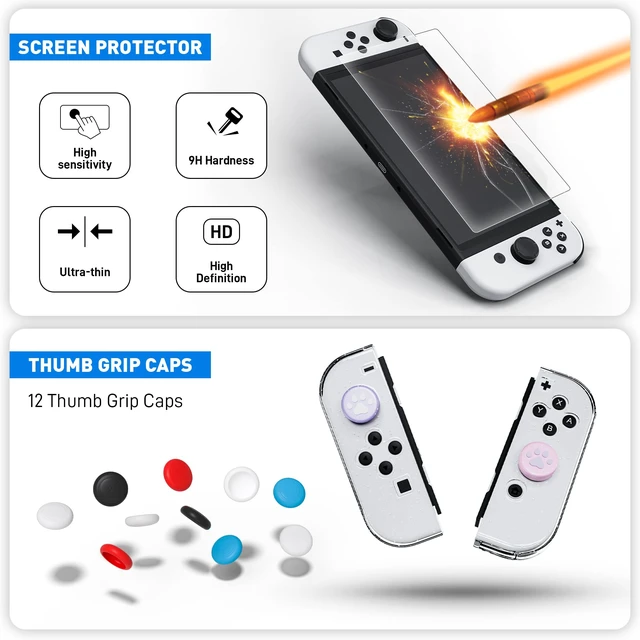 Alt view image 5 of 7 - Improved - Sparkle Case Set for Nintendo Switch OLED 2021, Hard PC Cover for Switch OLED Console and Soft TPU Joy Con Grip Case, Accessories with Screen Protector, 12 Thumb Grip Caps (Glitter)
