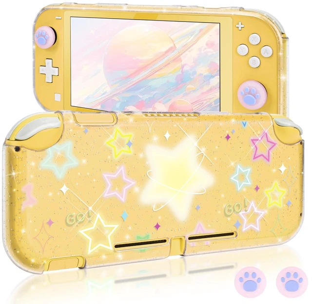 Main image of Protective Case Suitable for Switch Lite Console 2019, TPU Soft Shell Anti-Slip Shock-Absorption Crystal Protective Heart Games Case with 2 PCS Cute Cat Paw Thumb Grips Caps - Glitter Yellow