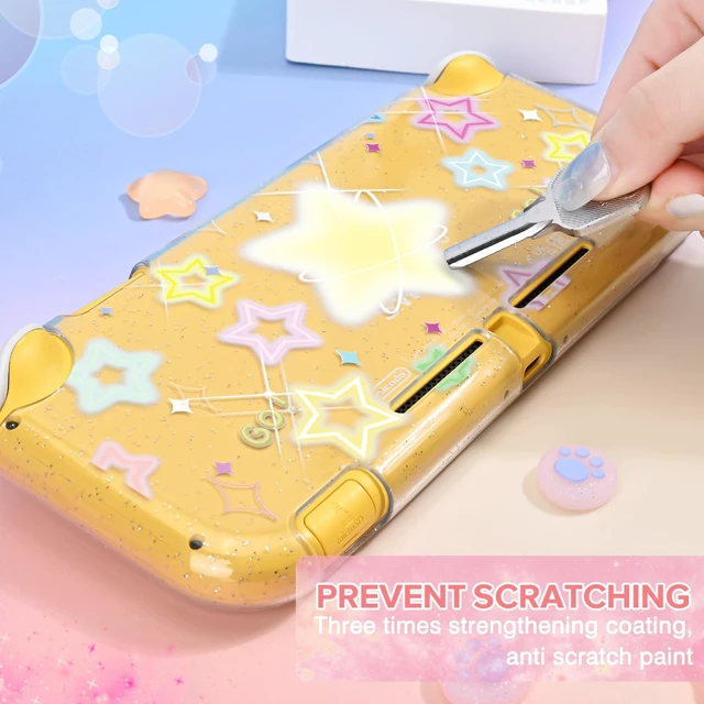Alt view image 4 of 7 - Protective Case Suitable for Switch Lite Console 2019, TPU Soft Shell Anti-Slip Shock-Absorption Crystal Protective Heart Games Case with 2 PCS Cute Cat Paw Thumb Grips Caps - Glitter Yellow
