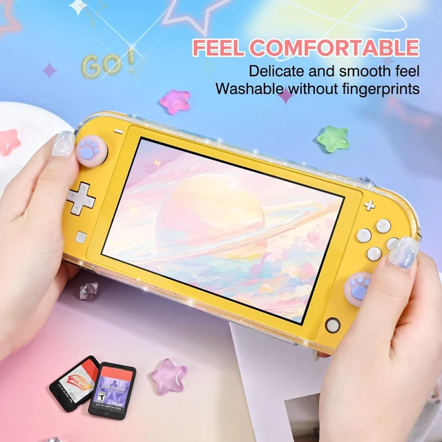 Alt view image 3 of 7 - Protective Case Suitable for Switch Lite Console 2019, TPU Soft Shell Anti-Slip Shock-Absorption Crystal Protective Heart Games Case with 2 PCS Cute Cat Paw Thumb Grips Caps - Glitter Yellow