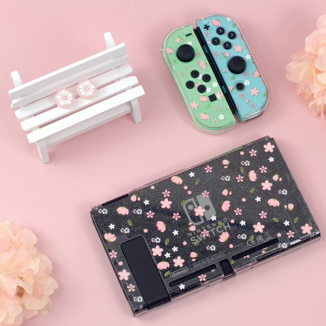 Alt view image 2 of 7 - Glitter Clear Case for Nintendo Switch, Hard Shell Cute Protective Case Cover for Switch and Joy Con Controller with 2 Cat Claw Thumb Grips - Embossed Feel (Pink Sakura Snow)