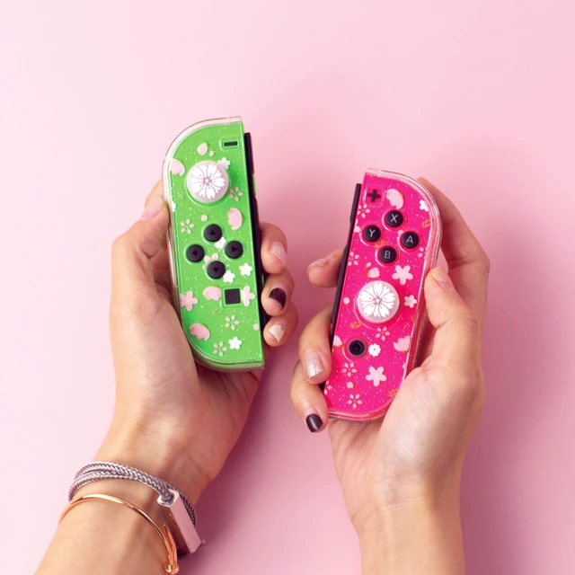 Alt view image 3 of 7 - Glitter Clear Case for Nintendo Switch, Hard Shell Cute Protective Case Cover for Switch and Joy Con Controller with 2 Cat Claw Thumb Grips - Embossed Feel (Pink Sakura Snow)